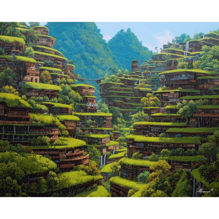 magical terrace city, green architecture, oil painting, fantasy cityscape, soft magic, painterly texture, calm atmosphere, cascading gardens, dreamy world, detailed oil