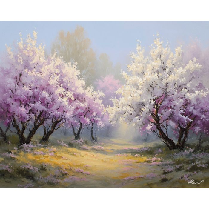 spring blossoms, flowering trees, oil painting, soft light, painterly texture, peaceful nature, calm atmosphere, detailed oil, tranquil mood, living room art, bedroom decor