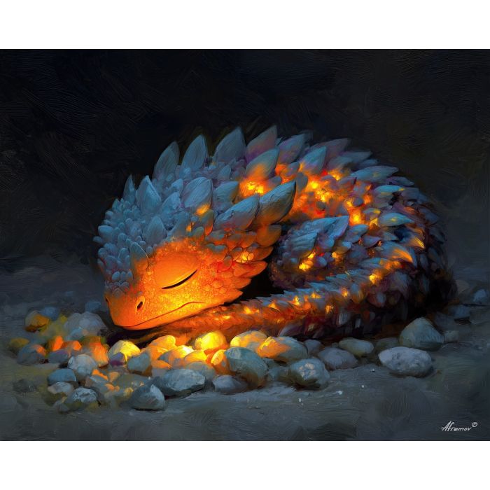 fantasy dragon, ember scales, oil painting, magical creature, soft fantasy, painterly texture, calm atmosphere, gentle glow, detailed oil
