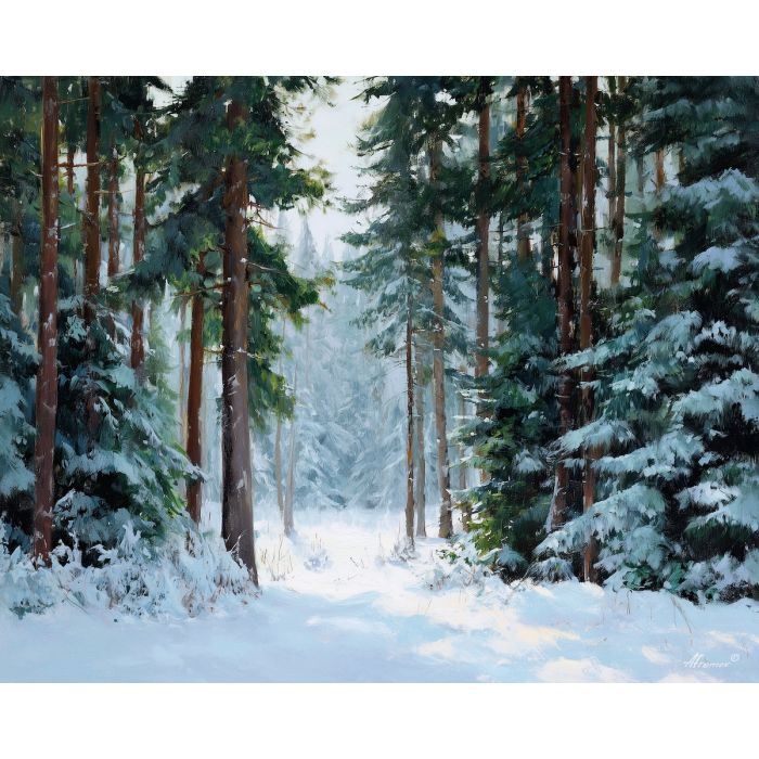 snowy forest, pine trees, winter landscape, oil painting, soft light, painterly texture, calm atmosphere, peaceful nature, detailed oil, tranquil mood, living room art, bedroom decor, serene scenery