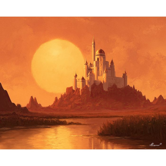 magical citadel, sunlit path, oil painting, fantasy landscape, soft magic, painterly texture, calm atmosphere, glowing horizon, dreamy world, detailed oil