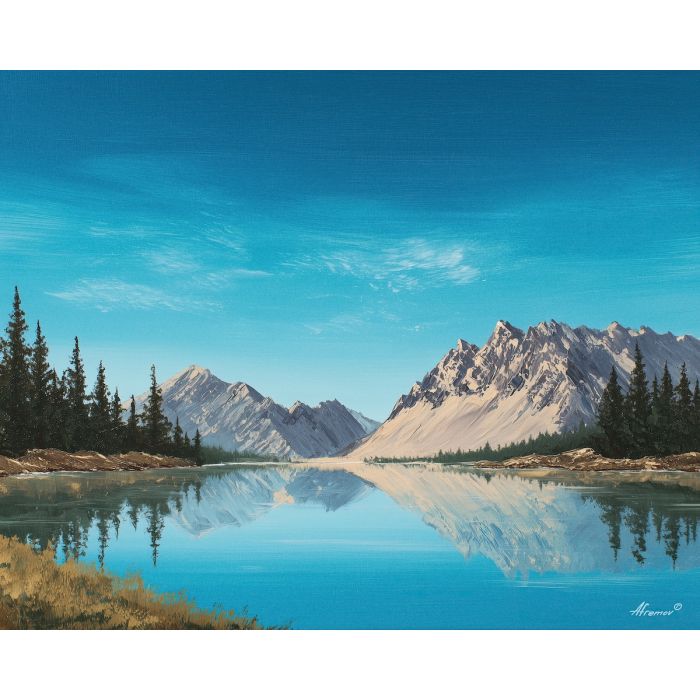 mountain lake, reflection water, oil painting, calm landscape, painterly texture, peaceful atmosphere, natural scenery, detailed oil, tranquil mood, living room art, bedroom decor