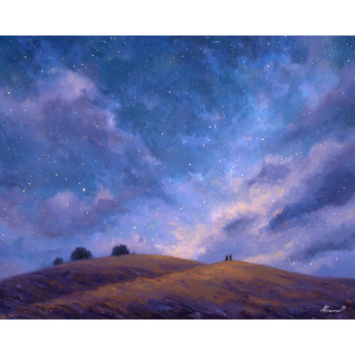 fantasy night sky, falling stars, oil painting, soft fantasy, dreamy hills, painterly texture, calm atmosphere, magical landscape, starlight glow, detailed oil, serene mood, fantasy scenery, tranquil night, ethereal colors
