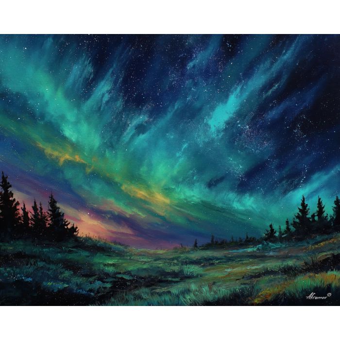 fantasy aurora, glowing sky, oil painting, soft fantasy, dreamy fields, painterly texture, calm atmosphere, magical landscape, gentle colors, detailed oil, serene mood, fantasy night, tranquil scene