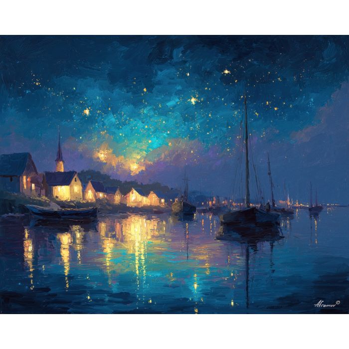 magical harbor, starry sky, oil painting, fantasy seascape, soft magic, painterly texture, calm atmosphere, glowing water, dreamy scenery, detailed oil, serene mood
