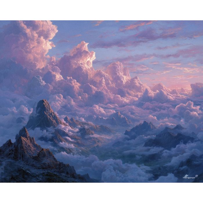 fantasy ridge, flowing clouds, oil painting, soft fantasy, dreamy heights, painterly texture, calm atmosphere, magical landscape, gentle light, detailed oil