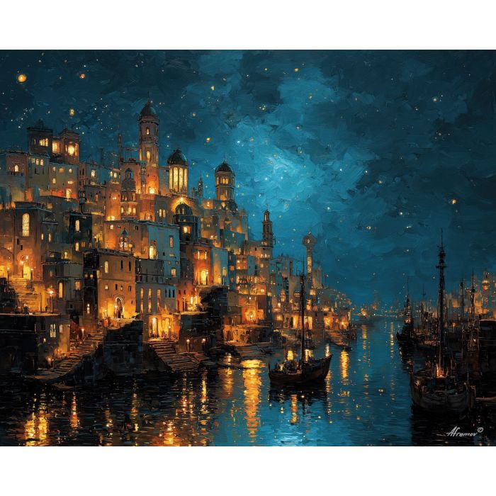 magical river city, glowing water, oil painting, fantasy metropolis, soft magic, painterly texture, calm atmosphere, night reflections, dreamy cityscape, detailed oil