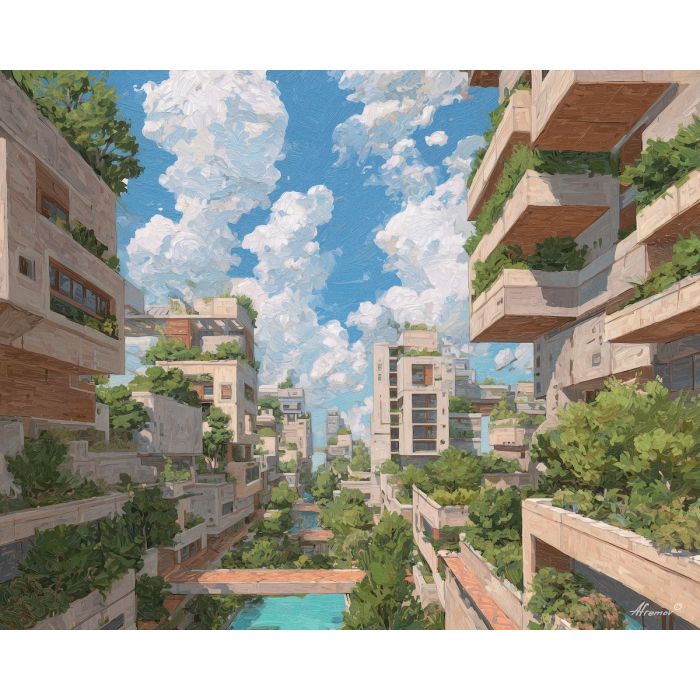 floating gardens, sky city, oil painting, fantasy architecture, soft magic, painterly texture, calm atmosphere, green terraces, dreamy cityscape, detailed oil