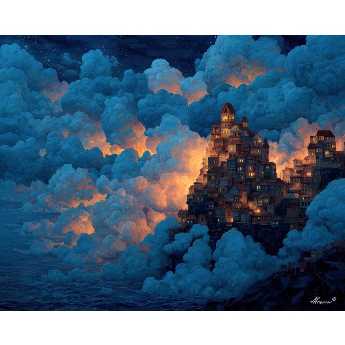 cliffside city, glowing haven, oil painting, fantasy architecture, soft magic, painterly texture, calm atmosphere, ethereal cliffs, dreamy cityscape, detailed oil