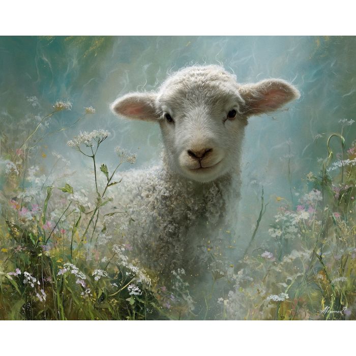 fantasy lamb, glowing mist, oil painting, magical animal, soft fantasy, painterly texture, calm atmosphere, gentle light, detailed oil