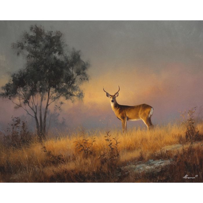deer wildlife, dusk landscape, oil painting, soft evening light, painterly texture, calm animal scene, peaceful atmosphere, detailed oil, tranquil mood, living room art, bedroom decor, serene nature