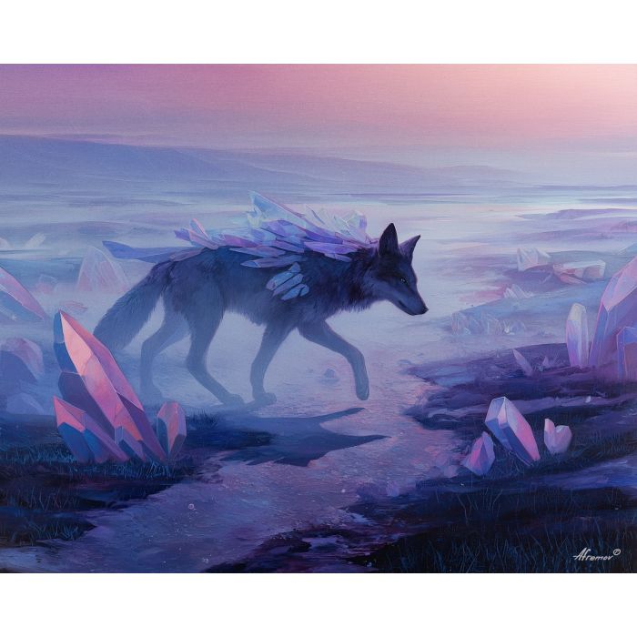 fantasy wolf, crystal accents, oil painting, magical animal, soft fantasy, painterly texture, calm atmosphere, glowing land, gentle light, detailed oil
