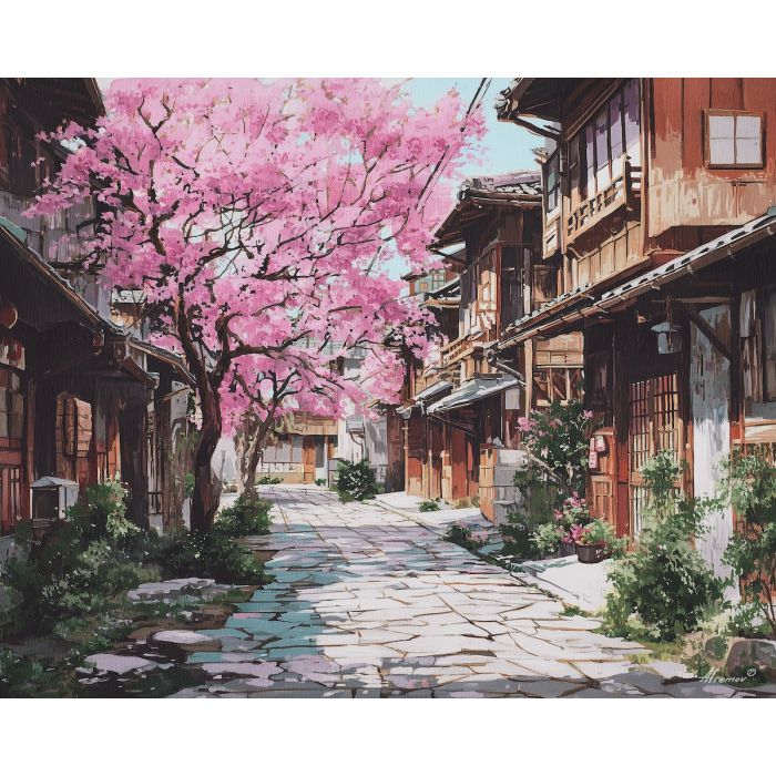 japanese street, cherry blossoms, traditional houses, oil painting, cultural scene, soft pink tones, painterly texture, peaceful atmosphere, everyday japan, detailed oil, serene mood, world culture art, tranquil street