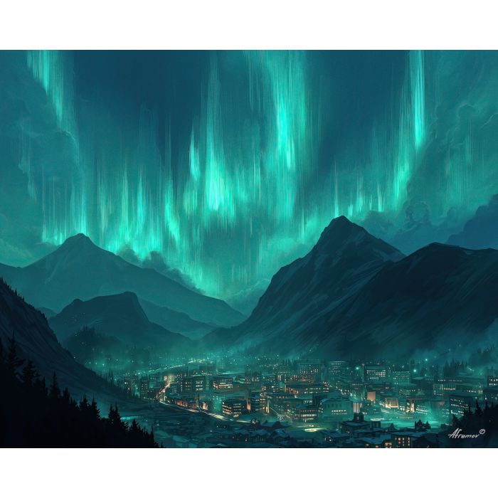 magical valley city, aurora sky, oil painting, fantasy landscape, soft magic, painterly texture, calm atmosphere, glowing buildings, dreamy world, detailed oil