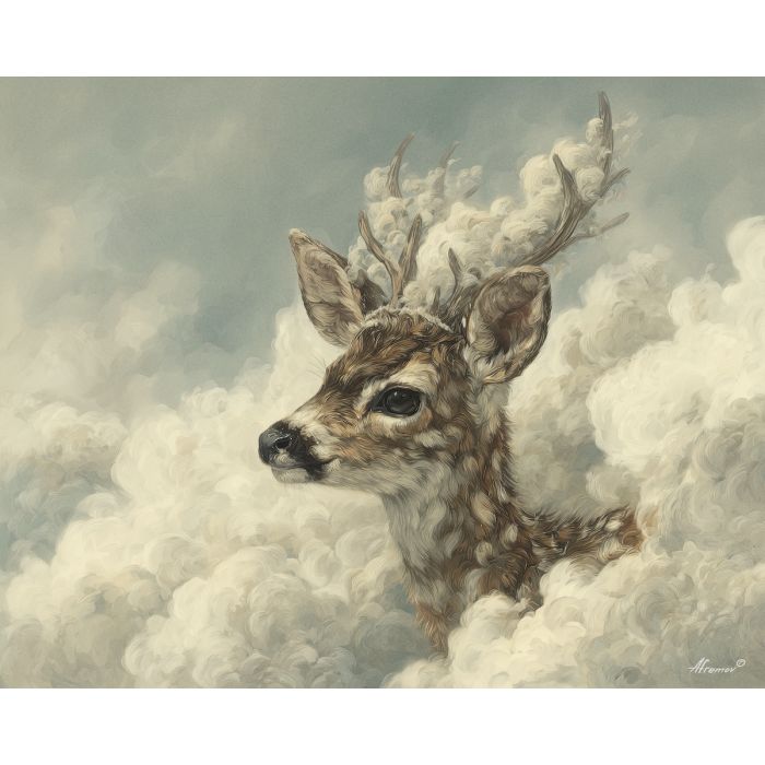 fantasy fawn, cloud antlers, oil painting, magical animal, soft fantasy, painterly texture, calm atmosphere, gentle light, detailed oil