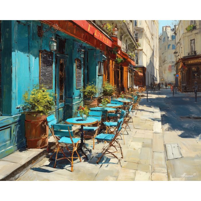 french cafe, paris street, oil painting, cultural scene, soft light, painterly texture, everyday france, detailed oil, calm atmosphere