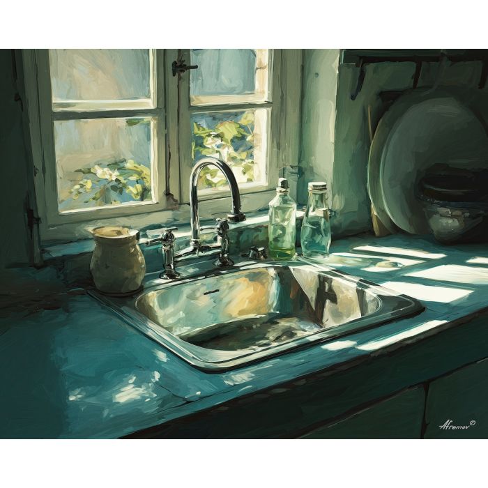 kitchen sink, window light, daylight kitchen, oil painting, domestic interior, calm atmosphere, painterly texture, everyday kitchen, inviting space, soft shadows, detailed oil, lived-in home, peaceful mood, interior art, cozy kitchen, natural light