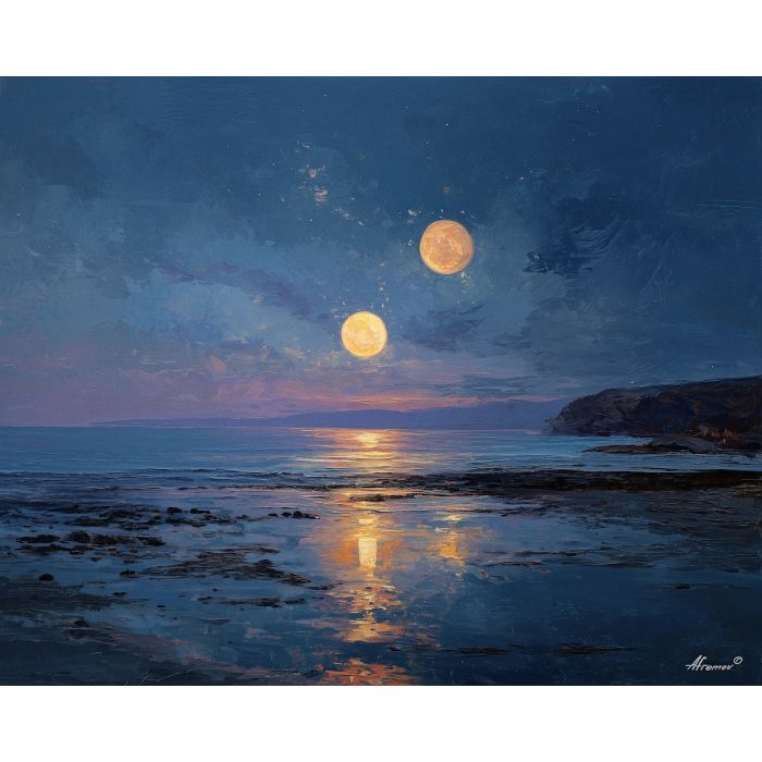 fantasy seascape, two moons, calm shore, oil painting, soft fantasy, dreamy ocean, painterly texture, peaceful atmosphere, glowing sky, magical landscape, detailed oil, serene mood, fantasy nature, tranquil water, gentle light, ethereal scene, soft colors