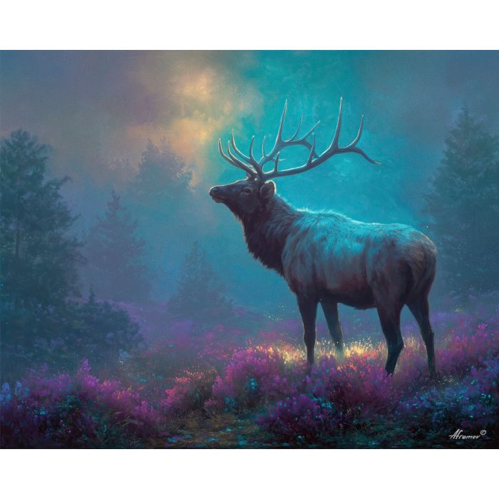 fantasy elk, glowing mane, oil painting, magical animal, soft fantasy, painterly texture, calm atmosphere, misty landscape, gentle glow, detailed oil