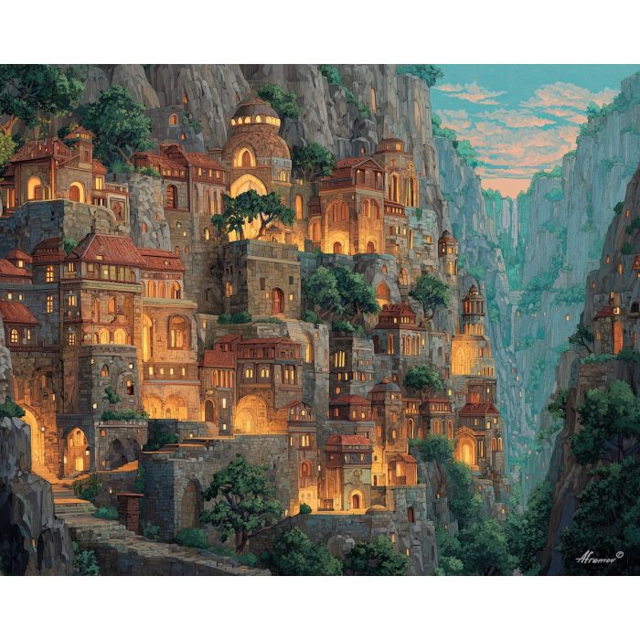 crystal city, glowing cliffs, oil painting, fantasy architecture, soft magic, painterly texture, calm atmosphere, magical landscape, dreamy city, detailed oil, serene mood, ethereal world