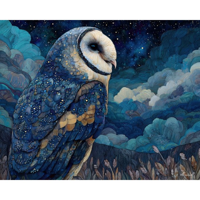 fantasy owl, starlit feathers, oil painting, magical bird, soft fantasy, painterly texture, calm atmosphere, night sky, gentle glow, detailed oil
