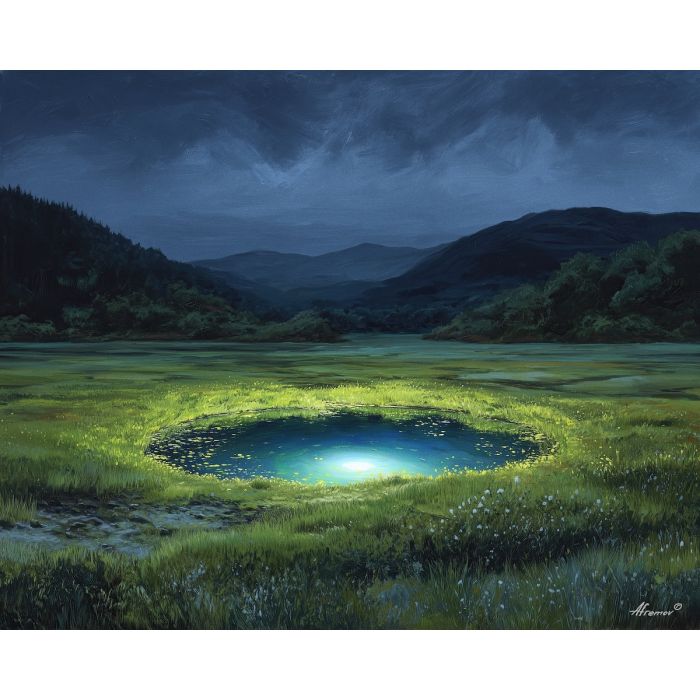 minimal pond, glowing water, oil painting, magical nature, simple field, calm atmosphere, painterly texture, serene mood, quiet scene, soft fantasy, minimal composition, gentle glow, tranquil land