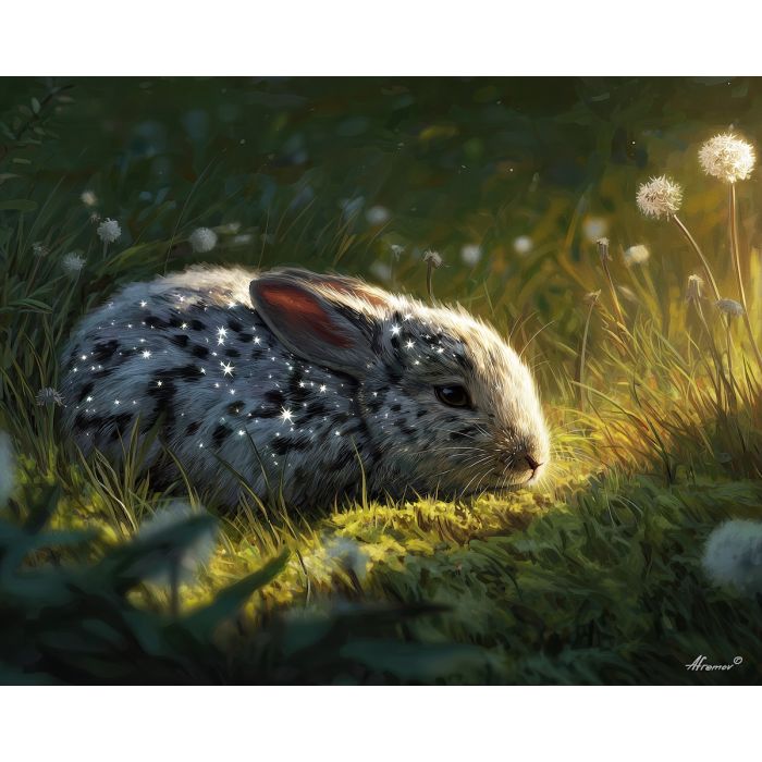 fantasy rabbit, starry fur, oil painting, magical animal, soft fantasy, painterly texture, calm atmosphere, gentle glow, detailed oil