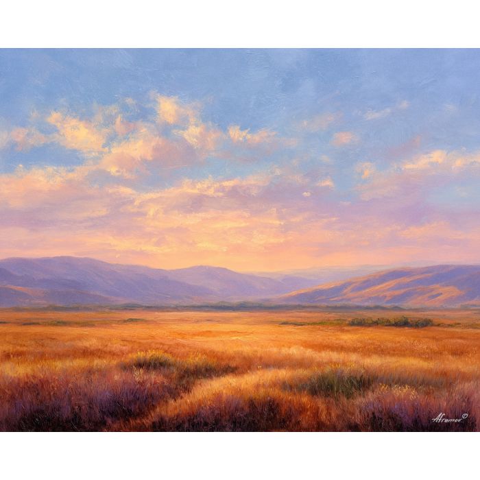 meadow landscape, golden light, rolling hills, oil painting, calm nature scene, warm tones, painterly texture, peaceful atmosphere, open field, natural scenery, gentle sky, detailed oil, serene landscape, living room art, bedroom decor, tranquil mood, countryside view, soft light, relaxing scene