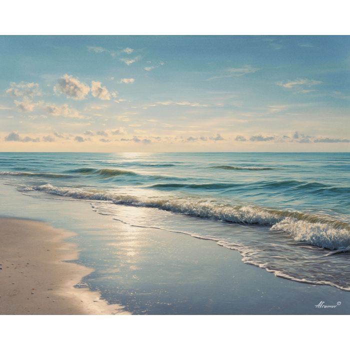 morning beach, calm waves, coastal landscape, oil painting, soft light, painterly texture, peaceful atmosphere, serene seascape, detailed oil, tranquil mood, living room art, bedroom decor, natural scenery, quiet shore