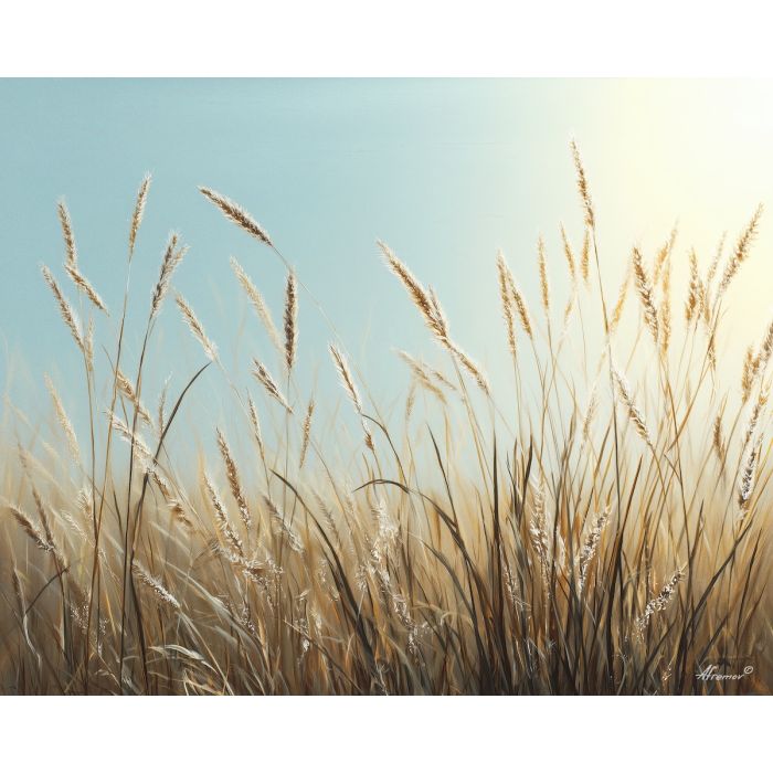 minimal grass field, oil painting, magical nature, calm atmosphere, painterly texture, serene mood, soft light, simple landscape, quiet scene, gentle fantasy, minimal composition