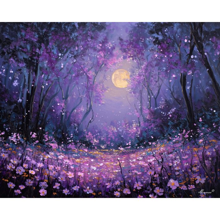 fantasy grove, glowing petals, oil painting, soft fantasy, dreamy forest, painterly texture, calm atmosphere, magical nature, moonlight glow, detailed oil