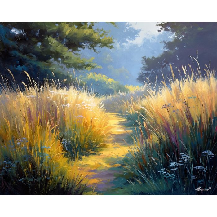 fantasy meadow, glowing path, oil painting, soft fantasy, dreamy landscape, painterly texture, calm atmosphere, magical nature, gentle light, detailed oil, serene mood, fantasy scenery, tranquil field, ethereal scene