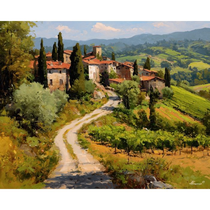 italian countryside, rolling hills, stone houses, oil painting, cultural landscape, warm light, painterly texture, peaceful atmosphere, everyday italy, detailed oil