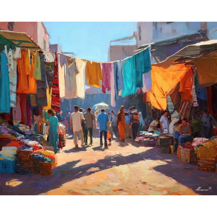 moroccan market, street stalls, colorful textiles, oil painting, cultural scene, warm tones, painterly texture, everyday life, detailed oil, vibrant atmosphere, world culture art
