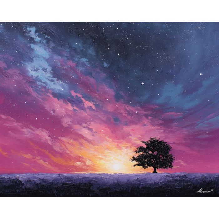 minimal tree, distant horizon, oil painting, magical nature, calm atmosphere, painterly texture, serene mood, simple composition, quiet scene