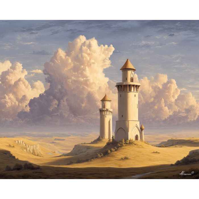 fantasy towers, open plains, oil painting, magical landscape, soft magic, painterly texture, calm atmosphere, ethereal architecture, dreamy scenery, detailed oil