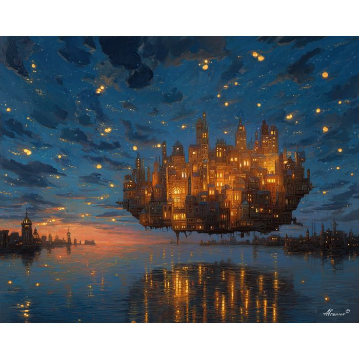 magical city, floating city, glowing lights, oil painting, fantasy architecture, soft magic, painterly texture, calm atmosphere, dreamy skyline, fantasy world, detailed oil, serene mood, ethereal city, warm light, tranquil scene, magical landscape, soft colors, dreamlike setting