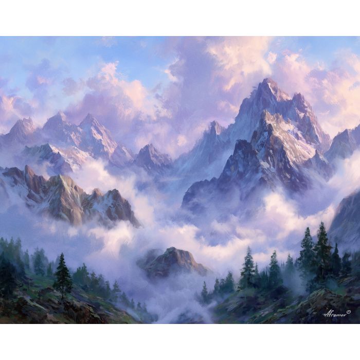 fantasy mountains, cloud veil, oil painting, soft fantasy, dreamy heights, painterly texture, calm atmosphere, magical landscape, gentle light, detailed oil
