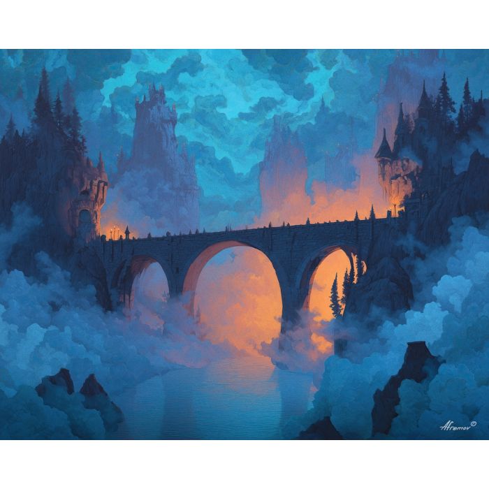 magical bridge, glowing crossing, oil painting, fantasy landscape, soft magic, painterly texture, calm atmosphere, misty depths, dreamy world, detailed oil