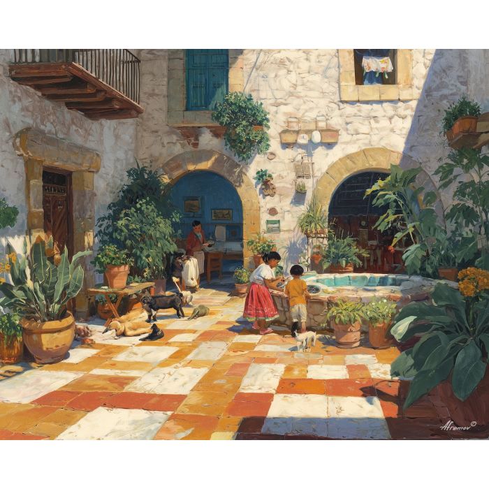 mexican courtyard, colorful tiles, oil painting, cultural scene, warm tones, painterly texture, everyday mexico, detailed oil