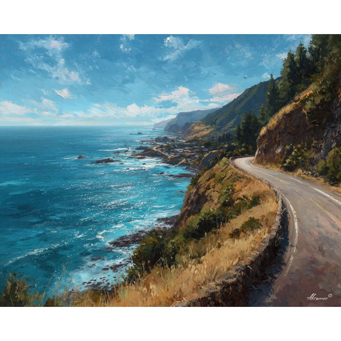 chilean coast, cliff road, oil painting, cultural landscape, ocean view, painterly texture, everyday chile, detailed oil