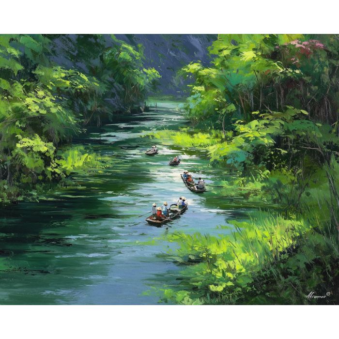 vietnamese river, small boats, oil painting, cultural life, green tones, painterly texture, everyday vietnam, detailed oil