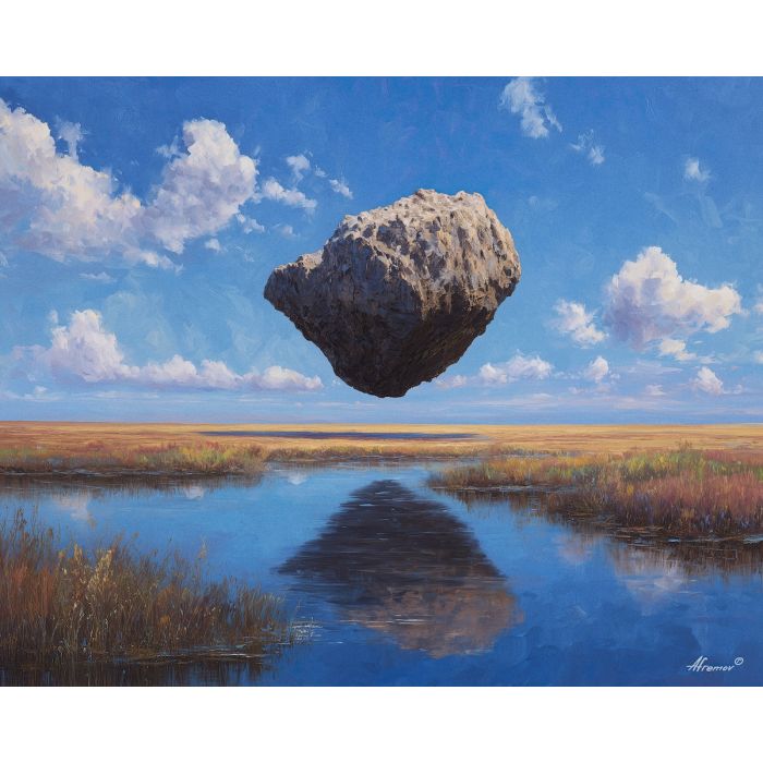 floating stone, minimal fantasy, oil painting, magical nature, calm atmosphere, painterly texture, serene mood, simple composition, quiet land, gentle magic