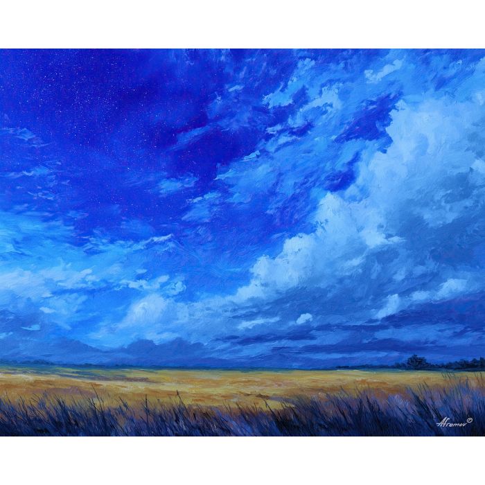 fantasy sky, sapphire tones, oil painting, soft fantasy, dreamy fields, painterly texture, calm atmosphere, magical landscape, gentle contrast, detailed oil
