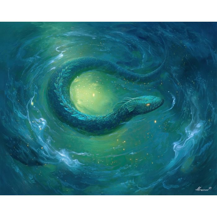 fantasy serpent, water creature, oil painting, magical animal, soft fantasy, painterly texture, calm atmosphere, gentle glow, detailed oil