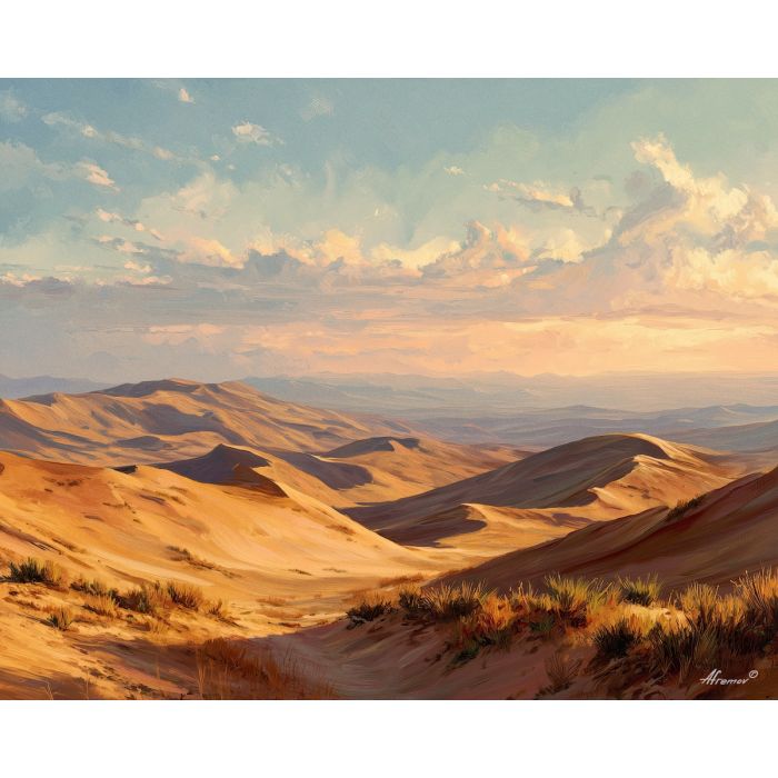 desert dunes, soft sand, oil painting, warm tones, painterly texture, calm atmosphere, peaceful landscape, detailed oil, tranquil mood, living room art, bedroom decor