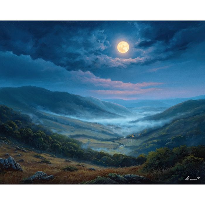 fantasy valley, moonlit landscape, glowing moon, oil painting, soft fantasy, dreamy scenery, painterly texture, calm atmosphere, misty hills, magical landscape, detailed oil, serene mood, fantasy nature, tranquil scene, gentle light, peaceful fantasy, ethereal view, soft colors, dreamlike land