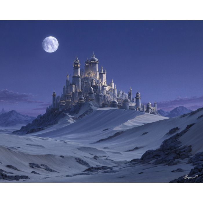 magical desert city, moonlit dunes, oil painting, fantasy architecture, soft magic, painterly texture, calm atmosphere, glowing sand, dreamy scenery, detailed oil
