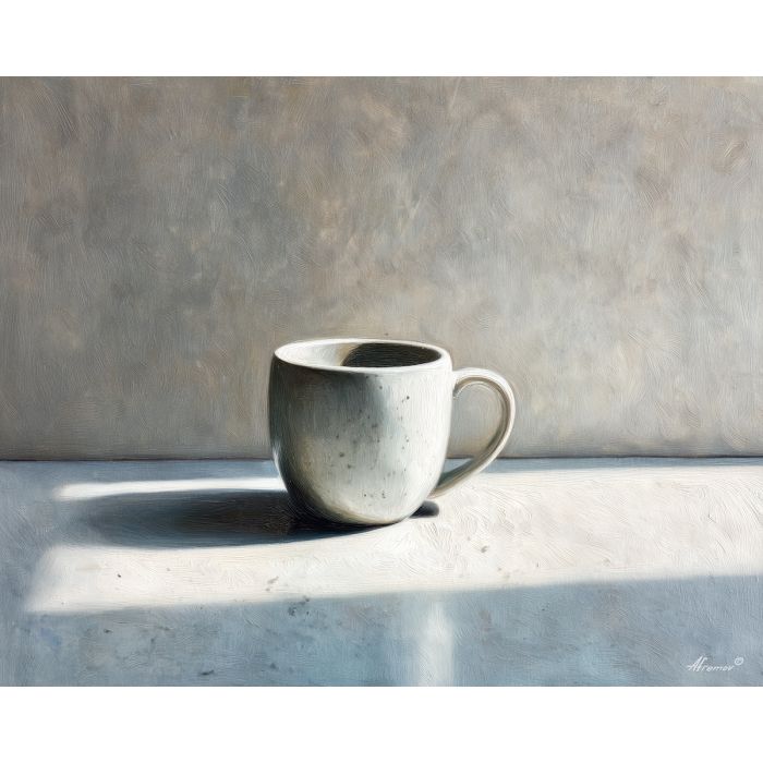 ceramic mug, kitchen still life, soft light, oil painting, domestic comfort, painterly texture, calm atmosphere, everyday kitchen, inviting interior, simple object, detailed oil, peaceful mood, interior art, cozy kitchen, lived-in home