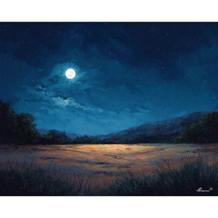 minimal fantasy landscape, single moon, open field, oil painting, magical minimalism, soft glow, calm atmosphere, simple nature, painterly texture, serene mood, dreamy field, quiet scene, gentle light, fantasy nature, minimal composition, soft colors, tranquil land, peaceful sky, ethereal calm